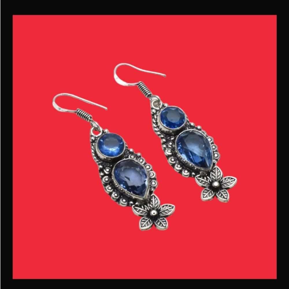 Blue Topaz Handcrafted Long Drop Dangle Earrings 2.08" Made In India New W Tags - Picture 10 of 12